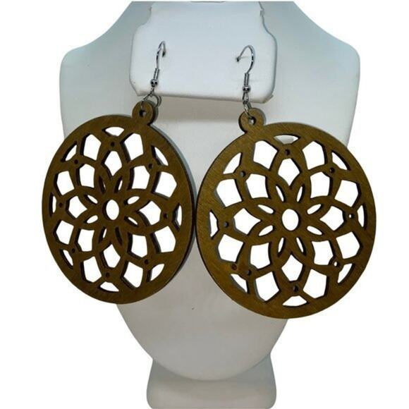 New NWT Tan Wood Circled Laser Cut-Out Perforated Dangle Earrings - Picture 1 of 6